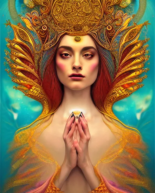 Image similar to portrait of the beautiful young goddess of birds, unusual beauty, etheric, outworldly colours, emotionally evoking symbolic metaphors, head in focus, fantasy, ornamental, intricate, elegant, highly detailed painting style photo, artstation, concept art, painterly, golden ratio, sharp focus, illustration, art by afarin sajedi,