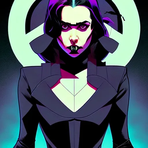 Image similar to rafael albuquerque comic cover art, artgerm, joshua middleton, pretty stella maeve witch doing black magic, serious look, purple dress, symmetrical eyes, symmetrical face, long black hair, twisted evil dark forest in the background, cool colors