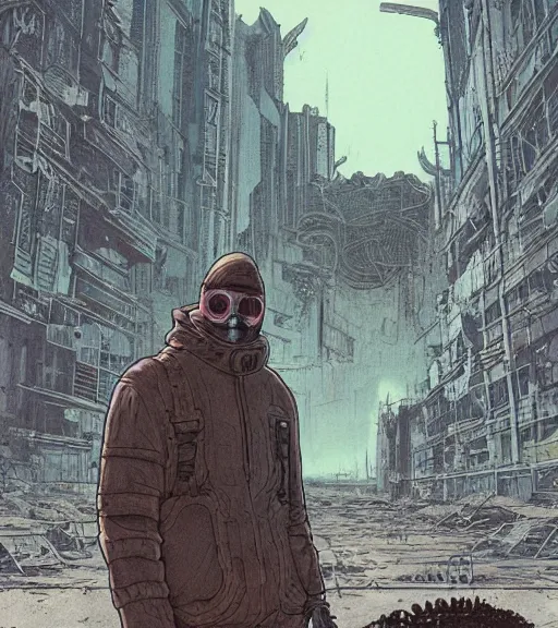 Image similar to a cyberpunk mole man explores alien ruins, techwear, Industrial Scifi, detailed illustration, character portrait, by Martin Grip and Moebius