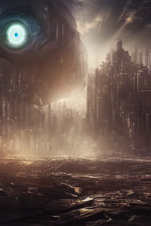 Image similar to biomechanical robot eye overlooking a desolate metropolis, fantasy, volumetric lighting, professional illustration