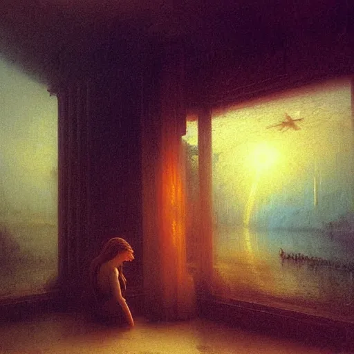 Prompt: a young woman lucid dreaming in cyberspace photoreal, atmospheric, by william turner, beksinski, caspar david friedrich, oil painting, romantism, realism, limited palette