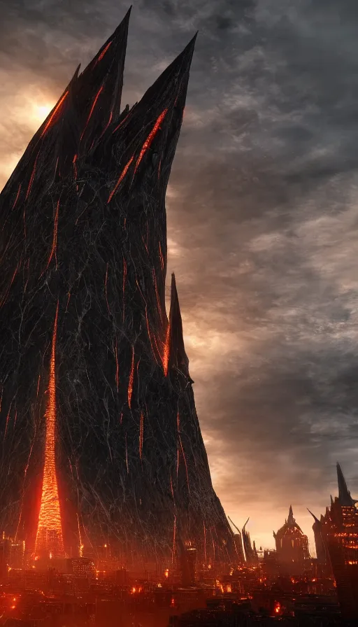 Image similar to Black and evil tower Barad-dûr, fortress of Sauron in Mordor, ultra detailed, octane render, super realistic, unreal engine 5, atmospheric lighting