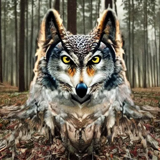 Image similar to mixture between an! owl and wolf, captured in a forest