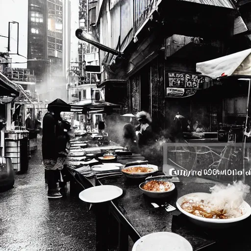 Prompt: a street noodle bar in an alley in the rainy city of london in the year 2 3 0 0, a steaming bowl of ramen sitting on the table against the rainy background of neon signs, cyberpunk, futuristic, grungy, film grain, polaroid photograph
