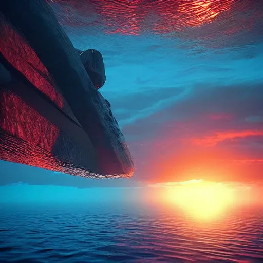 Image similar to “poop floating in the deep ocean, unreal engine 4 render, digital art, trending on artstation, beautiful sunset, dynamic lighting,”