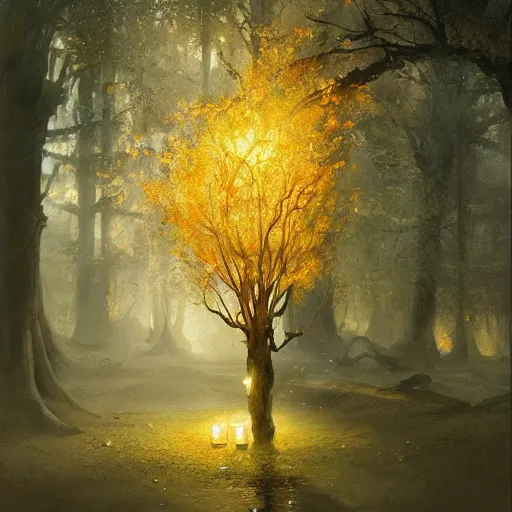 Image similar to Concept art, beautiful painting of a gingko tree, shining its light among candles, 8k, james gurney, greg rutkowski, john howe, artstation