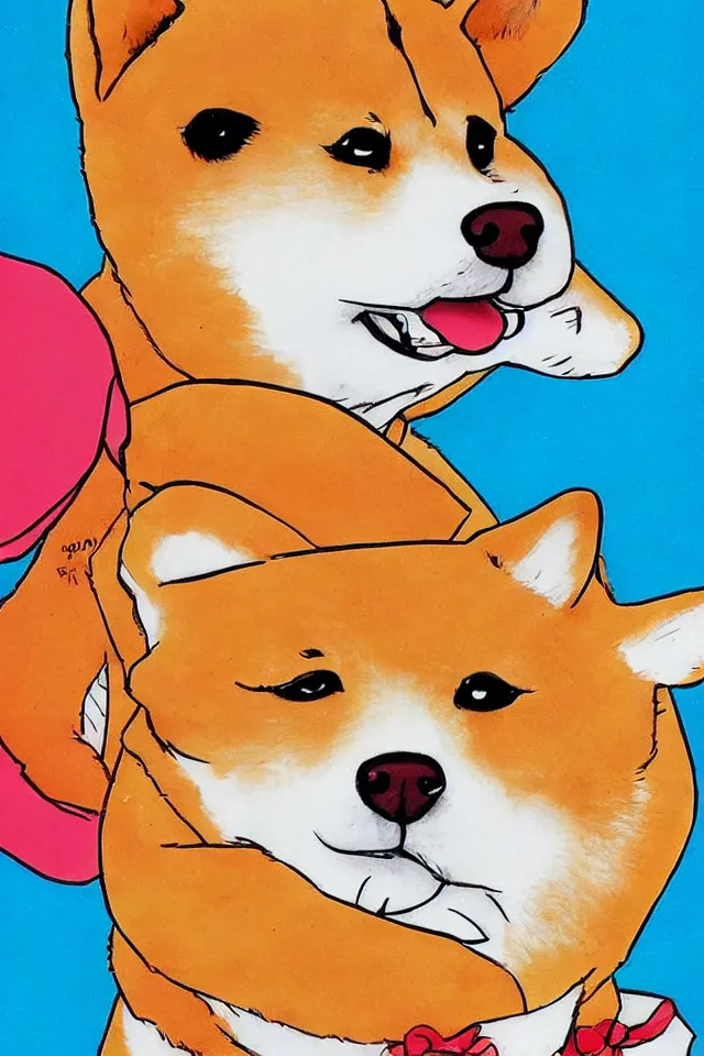 Image similar to a portrait of a shiba inu as a loaf of bread, in the art style of 8 0 s anime, japanese city pop color palette, naoko takeuchi, hajime yatate