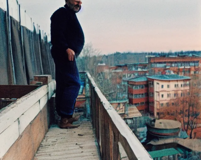 Image similar to lomographic tarkovsky film still of 4 0 years russian man with beard and sweater standing on small hrushevka 9 th floor balcony in taiga looking at sunset, perfect faces, cinestill, bokeh