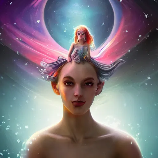 Image similar to magical fairy floating in space, epic cartoon portrait made out of rain, beautiful face, stunning concept art, highly detailed, galaxy background, rendered in octane, unreal engine, trending on artstation, realistic, diviantart