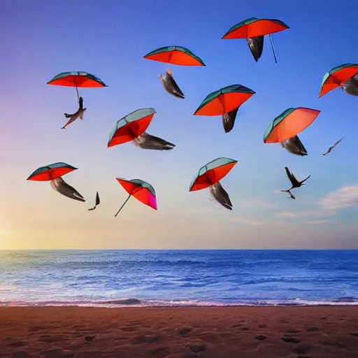 Prompt: seagulls flying over a beach umbrella on the beach at sunrise, concept art, highly detailed, high quality, bright colors,