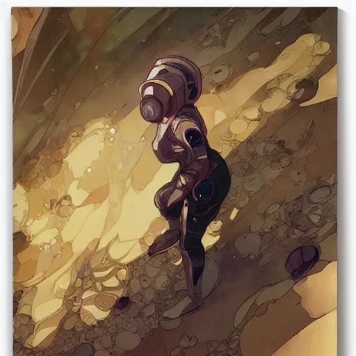 Prompt: an astronaut fleeing the moon by artgerm, greg rutkowski, alphonse mucha