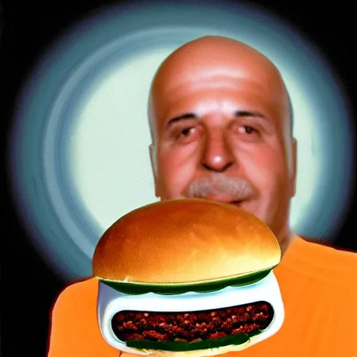 Prompt: Danny DeVita holding a burger looking at you through a peephole, realistic image, clear image, high definition image