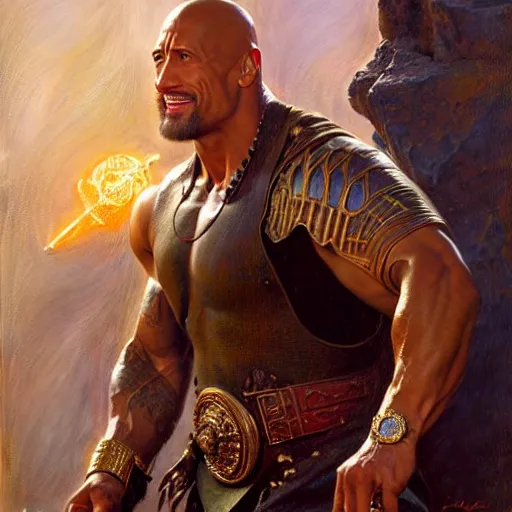 Prompt: dwayne johnson as stunning male master wizard, highly detailed painting by gaston bussiere, craig mullins, j. c. leyendecker, 8 k
