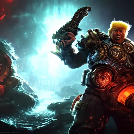 Image similar to Portrait of Trump, League of Legends amazing splashscreen artwork, Gears of War, splash art,natural light, elegant, photorealistic facial features, intricate, fantasy, detailed face, atmospheric lighting, anamorphic lens flare, cinematic lighting, league of legends splash art, hd wallpaper, ultra high details by Greg rutkowski