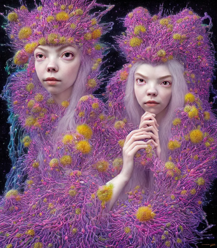 Image similar to hyper detailed 3d render like a Oil painting - kawaii portrait Aurora (a skeksis from dark crystal that looks like Anya Taylor-Joy) seen Eating of the Strangling network of yellowcake aerochrome and milky Fruit and His delicate Hands hold of gossamer polyp blossoms bring iridescent fungal flowers whose spores black the foolish stars by Jacek Yerka, Ilya Kuvshinov, Mariusz Lewandowski, Houdini algorithmic generative render, Abstract brush strokes, Masterpiece, Edward Hopper and James Gilleard, Zdzislaw Beksinski, Mark Ryden, Wolfgang Lettl, hints of Yayoi Kasuma, octane render, 8k