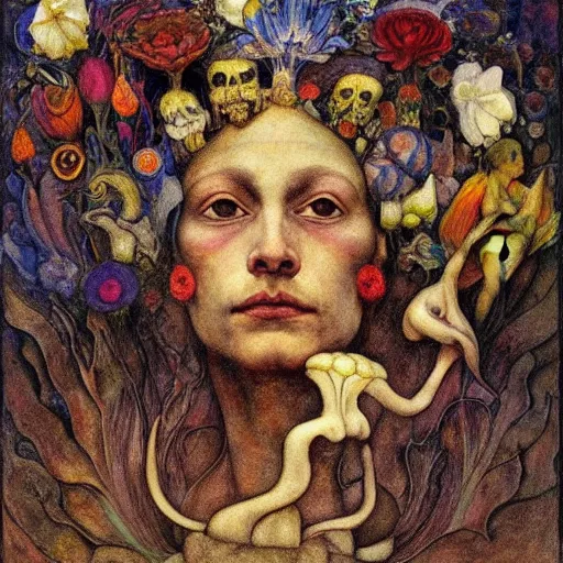 Image similar to the flower prince wearing the bone crown, by Annie Swynnerton and Diego Rivera and Elihu Vedder, symbolist, dramatic lighting, elaborate geometric ornament, Art Brut, soft cool colors,smooth, sharp focus, extremely detailed, Adolf Wölfli and Evelyn De Morgan