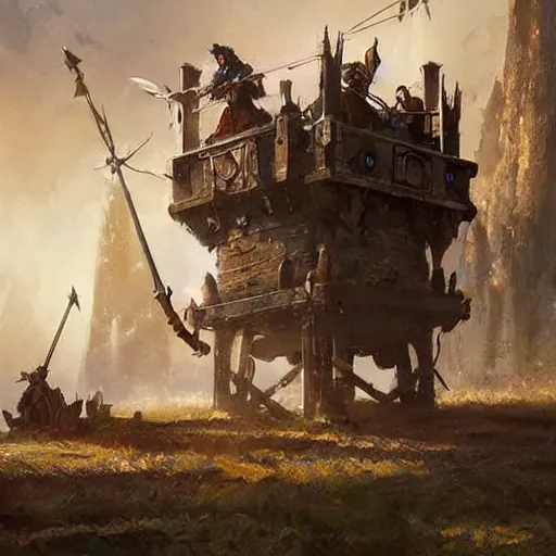 Prompt: a moving siege tower with cart wheels, crossbow on the tower, epic fantasy style art by Craig Mullins, fantasy epic digital art, epic fantasy card game art by Greg Rutkowski