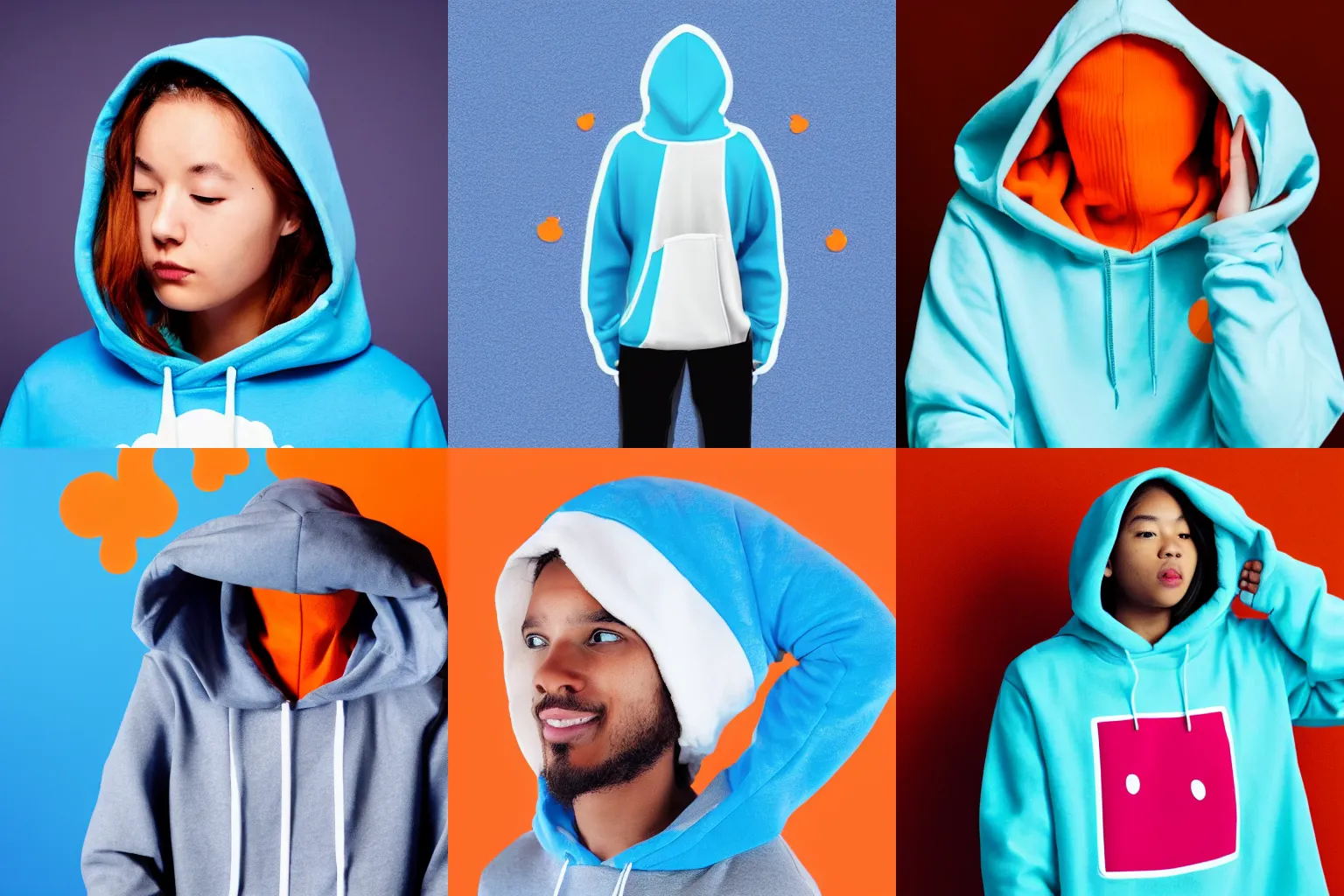 Prompt: a person wearing a cyan hoodie with a white cloud in place of the head, in front of an orange background