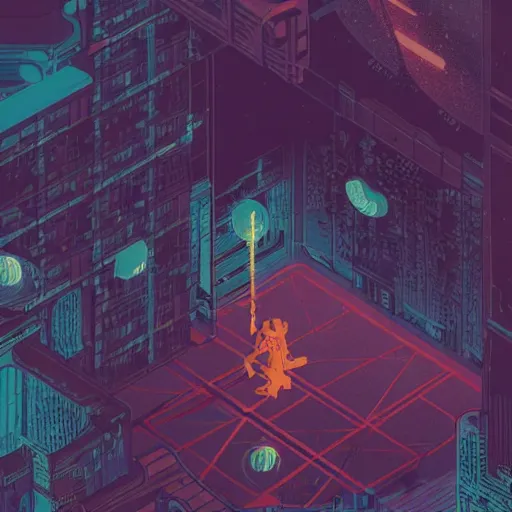 Image similar to Stunning isometric illustration of single cyberpunk explorer overlooking lush forest , highly detailed, midnight, small glowing orbs by Victo Ngai and James Gilleard , Moebius, Laurie Greasley