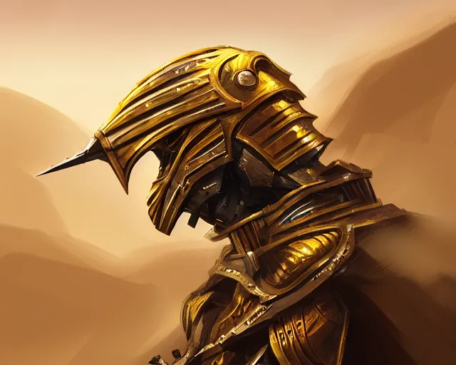 Prompt: side view of the king of the desert, angry, gold armor suit, sword, dramatic lighting, intricate, wild, highly detailed, digital painting, artstation, concept art, smooth, sharp focus, illustration