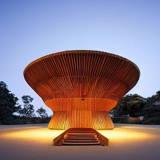 Prompt: a circular pavillion made from beautiful wood, by shigeru ban, circular steps, central pavillion, great architecture, outside view, magazine photography, clean design, minimalistic, ambient beautiful light