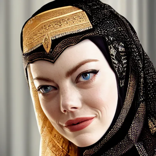 Image similar to A portrait of Emma Stone wearing a Black Arabian abaya , high quality, fully detailed, 4k