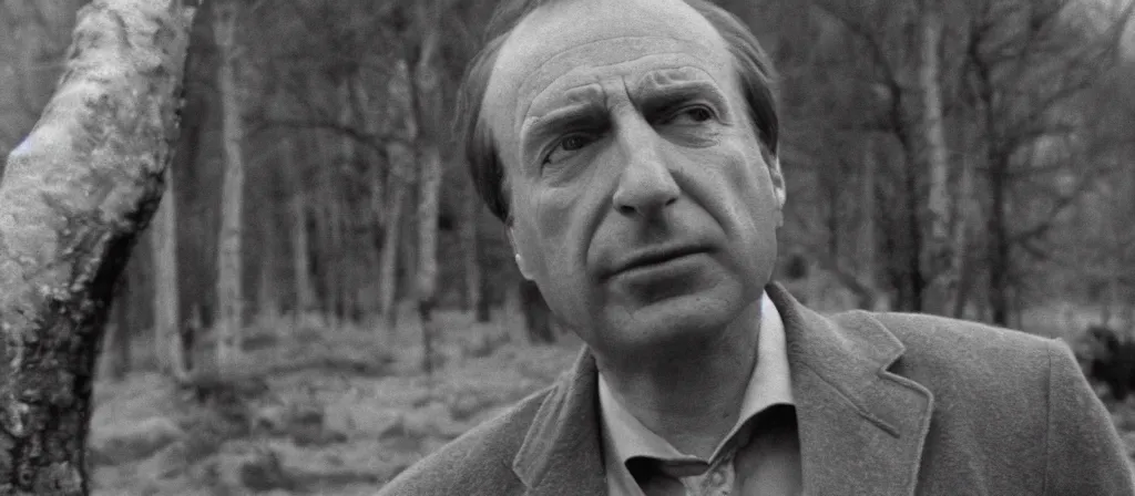 Image similar to A Still of Saul Goodman in an Andrei Tarkovsky film, black and white, gloomy