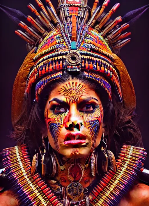 Image similar to portrait of eva mendes, hyper detailed ultra sharp aztec shaman warrior. trending on artstation, warpaint aesthetic, bloodwave, colorful, psychedelic, ornate, intricate, digital painting, concept art, smooth, sharp focus, illustration, art by artgerm and greg rutkowski and h. r. giger, 8 k