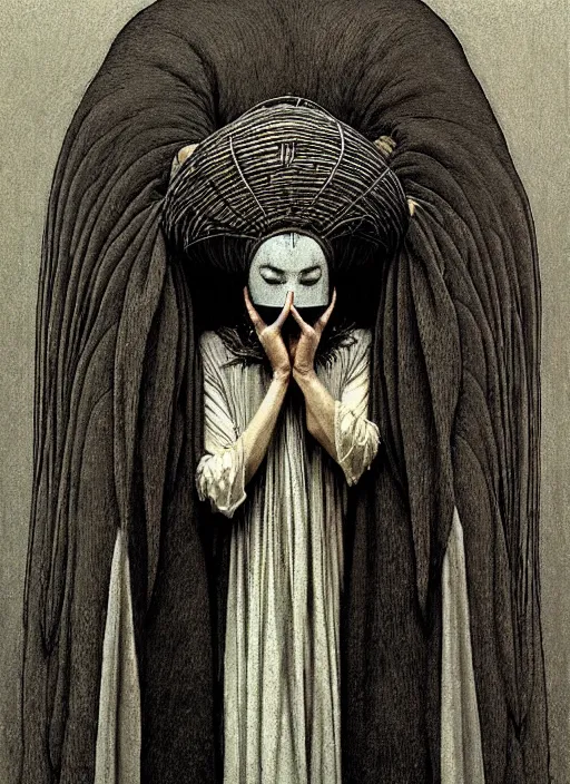 Image similar to soaring woman wearing a round mask hiding her face with many thick long blades behind head. dressed in a long robe with wide sleeves. highly detailed, symmetric, concept art, masterpiece, fantasy art, hyperdetailed, hyperrealism, art by zdzisław beksinski, arthur rackham, dariusz zawadzki, larry elmore