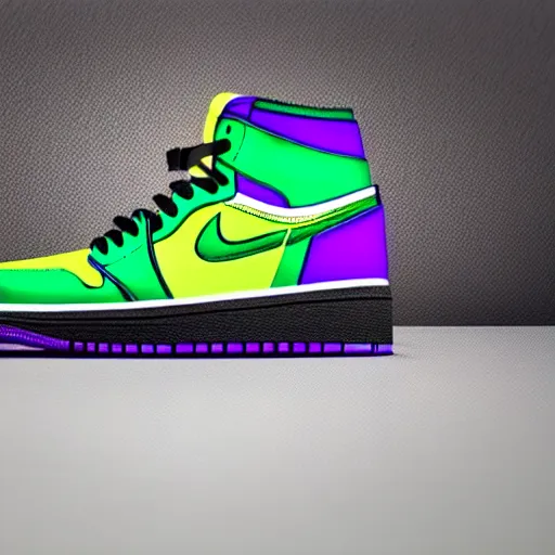 Prompt: “air Jordan 1, green and purple, 4K, ultra realistic render”