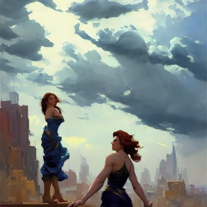 Image similar to greg manchess painting of giganta, cityscape, calm, fantasy character portrait, dynamic pose, above view, thunder clouds in the sky, artwork by jeremy lipkin and giuseppe dangelico pino and michael garmash and rob rey and greg manchess and huang guangjian and makoto shinkai, very coherent artwork, sharp edges, perfect face, simple form, 1 0 0 mm