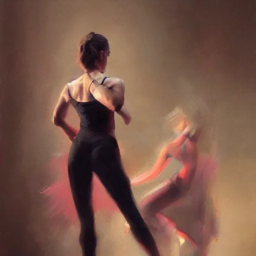 Image similar to oil painting dancer woman with dancer men, herb rose, by greg rutkowski, artstation