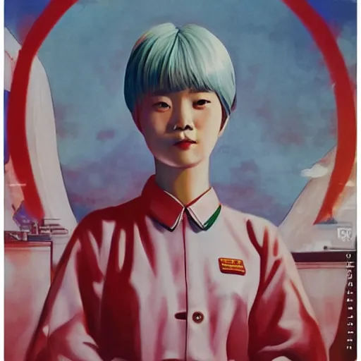 Image similar to “ rei ayanami north korean propaganda poster, award winning, oil painting ”