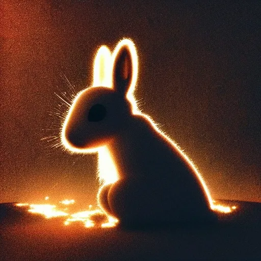 Image similar to “white bunny with black spots on face, staring at you in hell fog, raining fire, volumetric lighting, golden hour, sharp focus, ultra detailed”