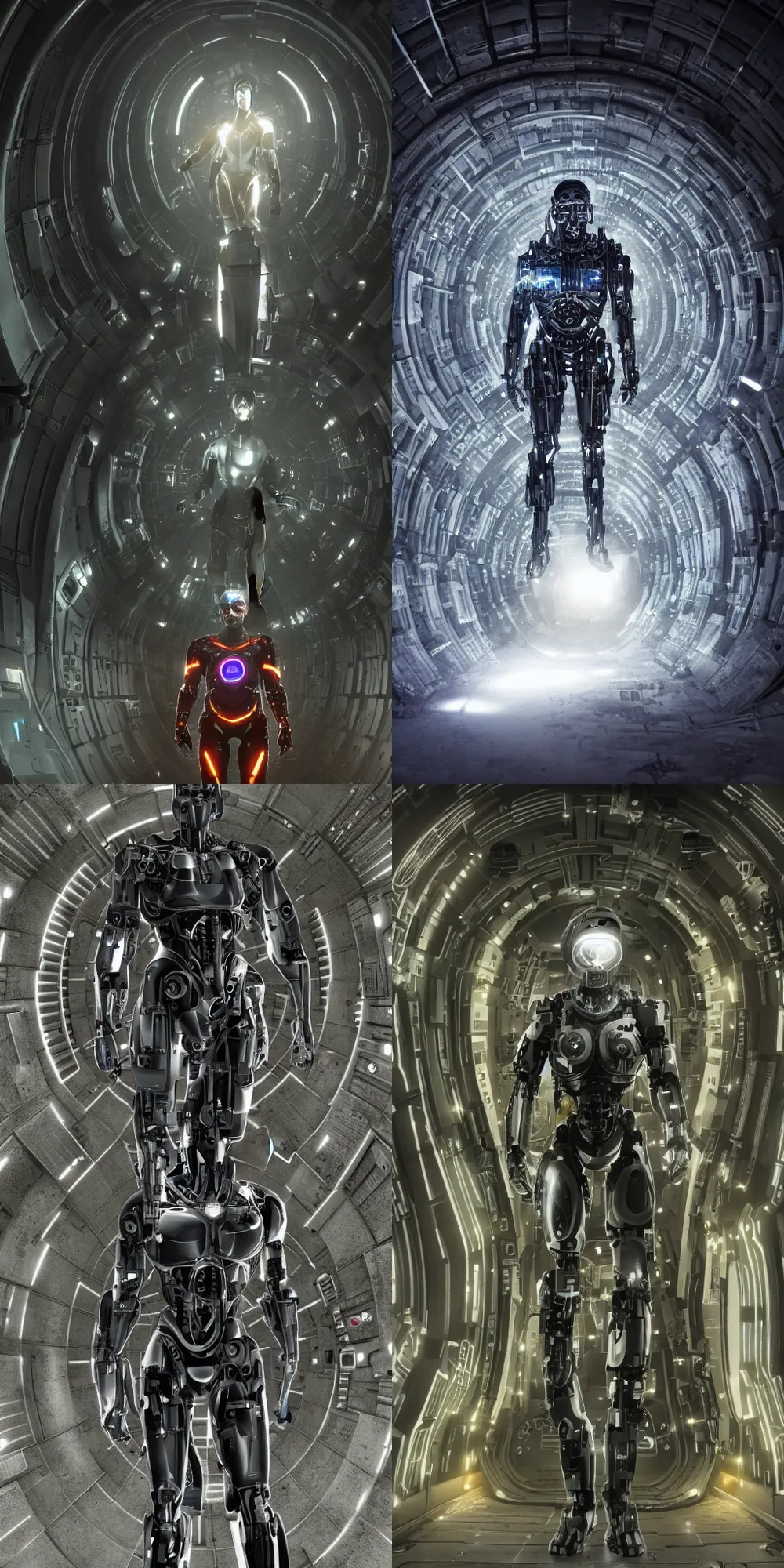 Image similar to cyborg in underground room in front of stargate