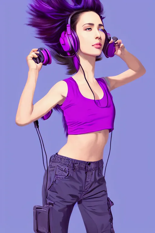 Prompt: a award winning half body portrait of a beautiful woman in a croptop and cargo pants with ombre purple pink teal hairstyle with head in motion and hair flying listenin to music on headphones by wlop, outrun, vaporware, shaded flat illustration, digital art, trending on artstation, highly detailed, fine detail, intricate