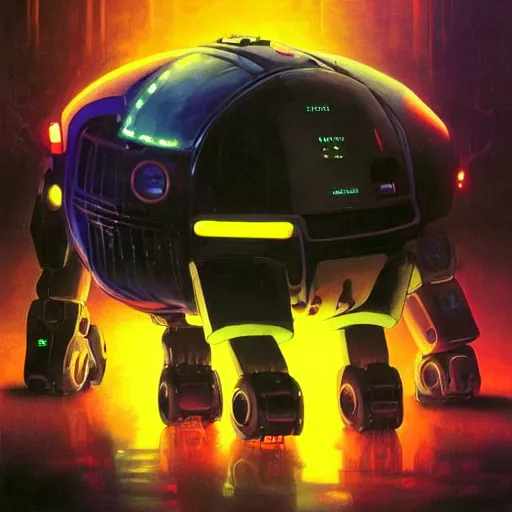 Image similar to a dark and colorful close - up of a sci - fi mecha walrus robot with led lights glowing fog in the background. highly detailed science fiction painting by norman rockwell, frank frazetta, and syd mead. rich colors, high contrast, gloomy atmosphere, dark background. trending on artstation