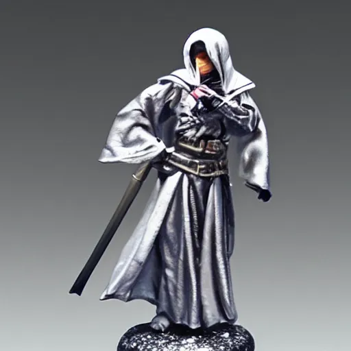 Prompt: photo of a moon themed assassin with silver robes