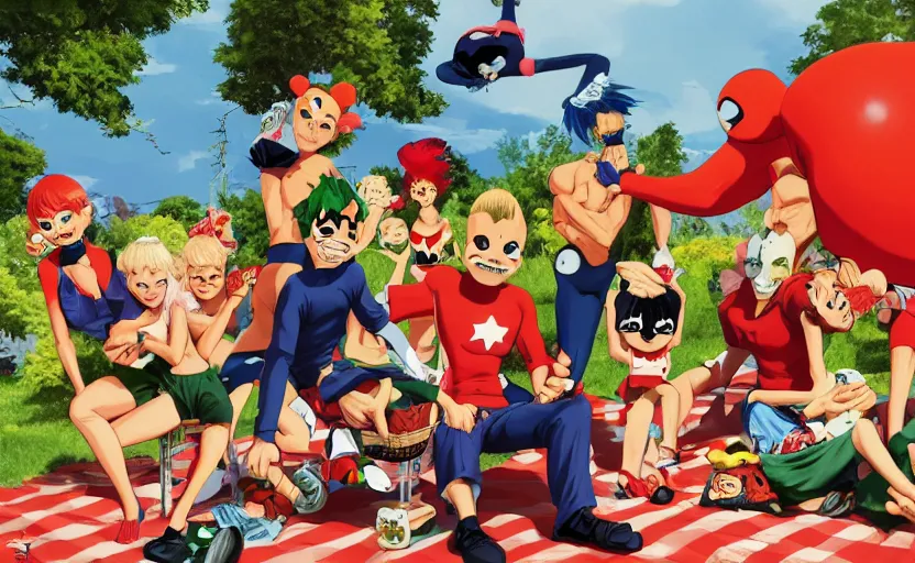 Prompt: a crash dummy flops onto a family picnic, digital painting masterpiece, advanced lighting technology, stylized yet realistic anatomy and faces, gorgeous, by reiq and jamie hewlett and bengus and akiman and shigenori soejima and bastien vives and balak and michael sanlaville, 4 k wallpaper