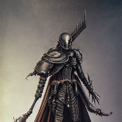 Prompt: a medieval styled cyborg armor, by hr giger, kentaro miura, wayne barlowe, bloodborne, dark souls, breathtaking, sense of awe, extremely detailed, intricate wiring,