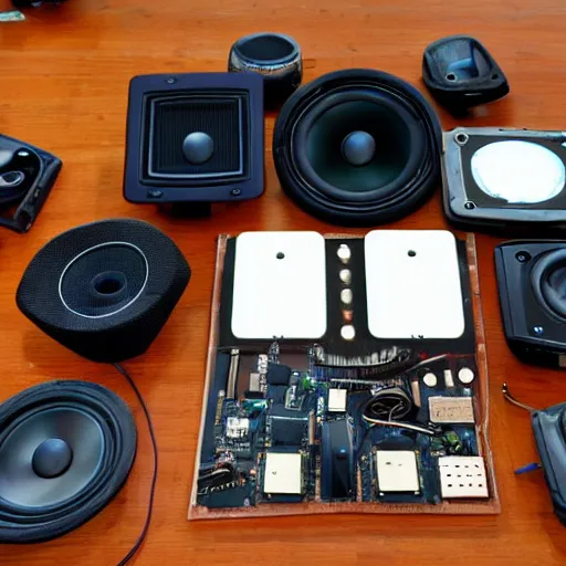 Image similar to a speaker taken apart and all its parts laid out neatly on a table