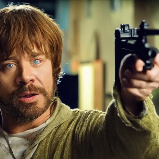 Prompt: shaggy from scooby doo holding a gun, film still from the movie directed by denis villeneuve with art direction by bill ward, wide lens