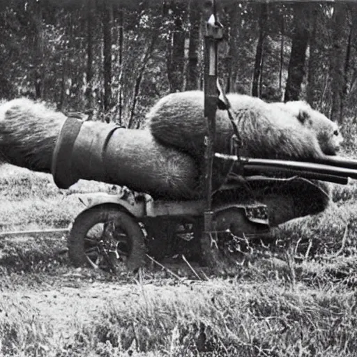 Image similar to a picture of a enormous bear pulling a towed canon behind him, eastern front, ww 2, historical picture