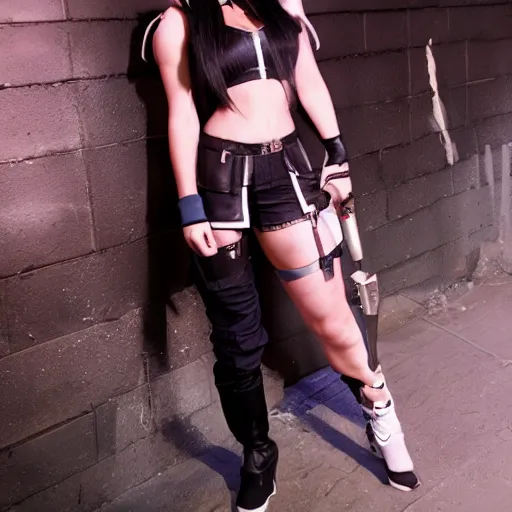 Prompt: a photo of a cosplay of Tifa from final fantasy 7 remake at ComicCon, very detailed, studio lighting, award winning, full body with legs, full legs, shot on 16mm film, shot on red 6k camera, 8k