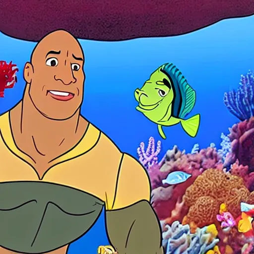 Prompt: dwayne johnson as a cartoon under the sea in the little mermaid