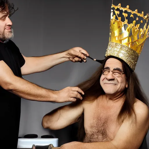 Prompt: handsome tire man with shiny and silky long hair getting hair styled with danny devito wearing a golden crown studded with sparkling diamonds, mobius