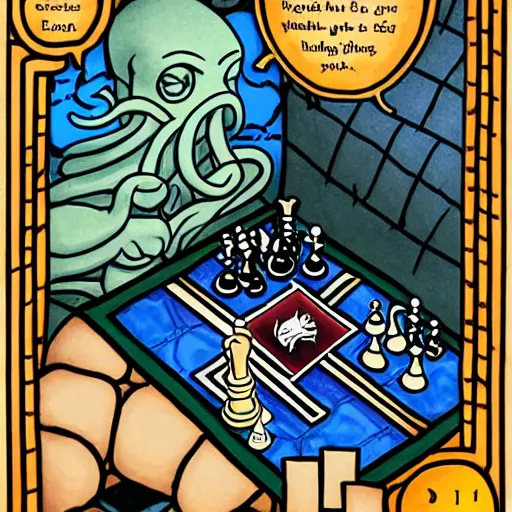 Prompt: cthulhu playing chess with god underwater