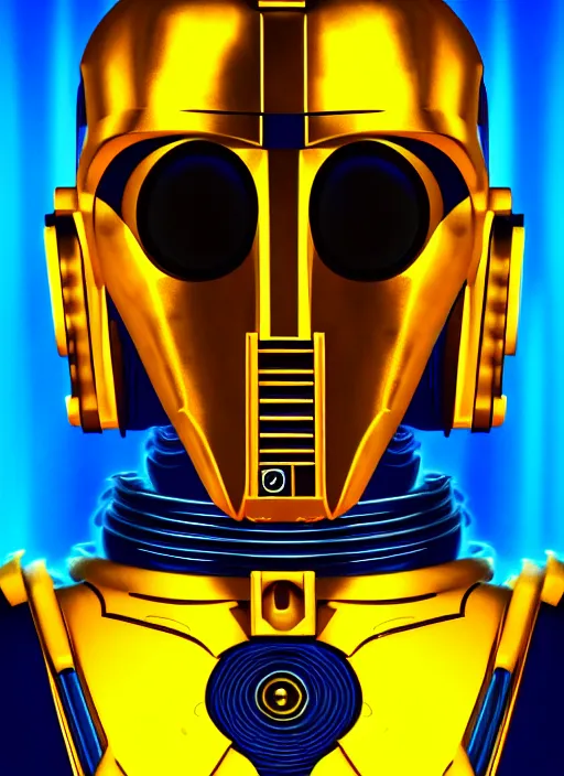 Image similar to symmetry portrait of c 3 p 0, sci - fi, tech wear, blue and yellow glowing lights, intricate, elegant, highly detailed, digital painting, artstation, smooth, sharp focus