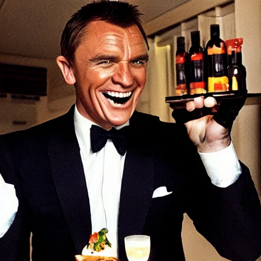Image similar to James Bond laugh in front of his food