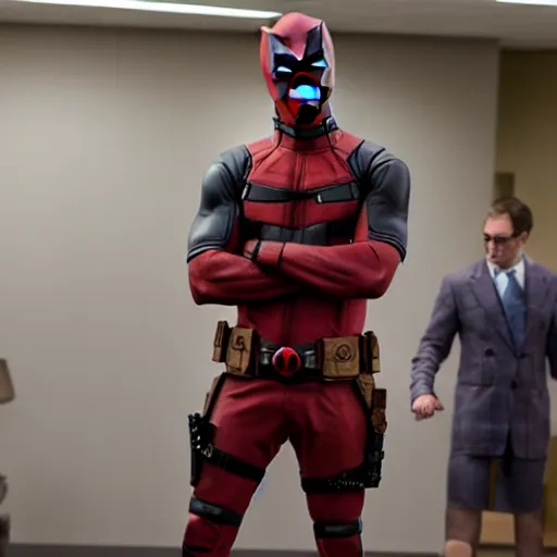 Prompt: Saul Goodman puts on the Deadpool outfit ready to fight and wearing a Bluetooth device